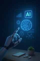 Futuristic AI Interface with Robotic Hand and Holographic Display