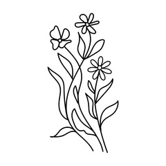 Simple line drawing of delicate wildflowers and green leaves on a white background.