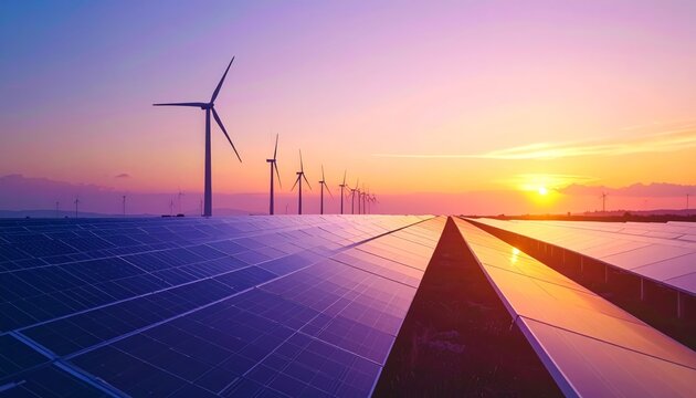 Modern solar panel farm and wind turbines at sunset, representing renewable energy - Powered by Adobe