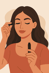 Obraz premium Beautiful woman applying black mascara on her long eyelashes. Makeup and beauty routine concept. Female character doing visage. Personal care. Modern flat cartoon vector illustration.