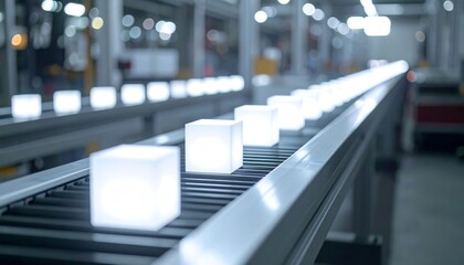 Abstract factory assembly line with light cube components, a metaphor for lean production