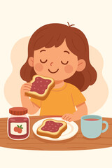 Happy girl eating breakfast. Cute little child enjoying toast with berry jam and a warm drink. Concept of a healthy morning routine and kids food. Flat cartoon vector illustration.