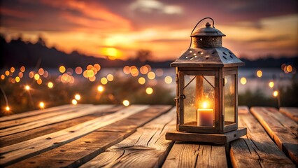 A rustic wooden lantern with a lit candle sits on a wooden table at sunset with fairy lights in the background