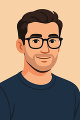 Fototapeta premium Modern flat vector cartoon illustration of young man with dark hair wearing eyeglasses and casual navy shirt, minimalist male portrait avatar, stylish graphic design for profile or social media