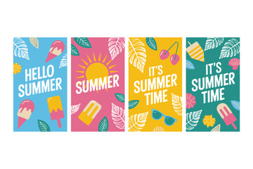 Four Summer themed illustrations ice cream popsicles leaves sun cherries