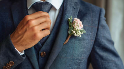 A close-up captures a well-dressed man elegantly adjusting his pink tie and boutonniere, perfectly prepared for a special occasion or wedding celebration.