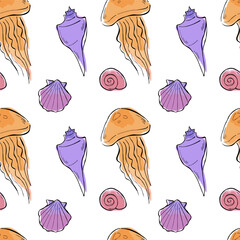 Colorful seamless pattern with jellyfish and seashells isolated on white background. Vector line illustrations with watercolor stains. Design for wrapping paper, fabric, textile, or packaging. 