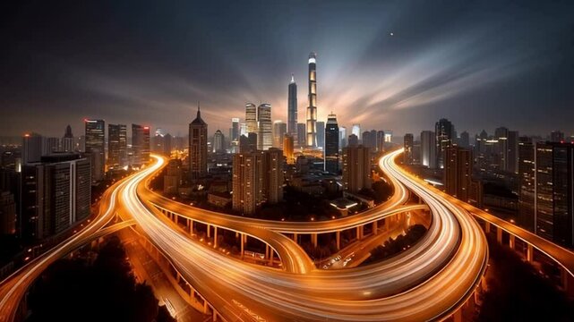 A stunning city skyline illuminated at night, showcasing modern architecture and vibrant light trails from busy streets. This image captures the essence of urban life and progress.