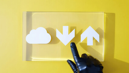 Cloud Computing Data Transfer Concept with Hand in Black Glove Touching Download Icon on Yellow Background Illustrating Modern Technology and Digital Solutions