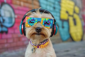 Trendy dog wearing stylish glasses and headphones against graffiti wall
