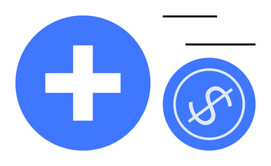 Fototapeta premium Blue cross icon alongside dollar symbol inside a circle, representing the intersection of healthcare and finance. Ideal for healthcare cost, insurance, savings, investment, policies, budgeting