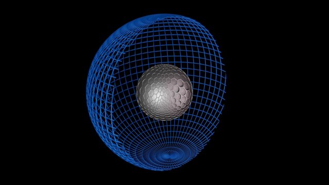 Hollow Earth. Small sphere inside large hollow sphere. Spherical wireframe shell with solid interior metallic ball inside. Metal core within wireframe outer shell. 3d render illustration.