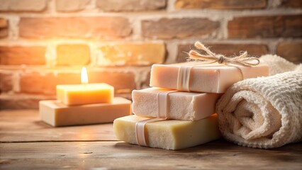 Three bars of handmade soap are stacked on a wooden surface, next to a lit candle and a rolledup towel, with a rustic brick wall in the background