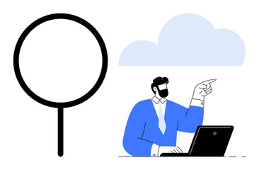 Man at desk with laptop gestures to cloud while magnifier represents research, technology, or ideas. Ideal for business, innovation, exploration, analysis, cloud computing, problem-solving simple