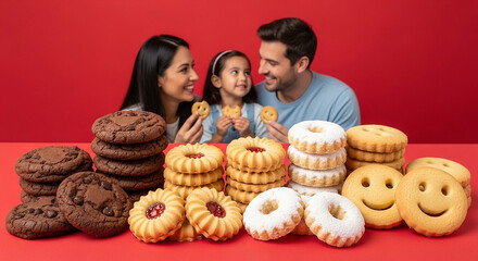 Large assortment of cookies with a happy family sharing in the background