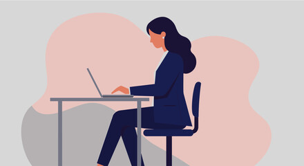 a woman sitting at a desk, working on a laptop computer. Suitable for landing page, banner, marketing, web design, presentation, infographic, etc.