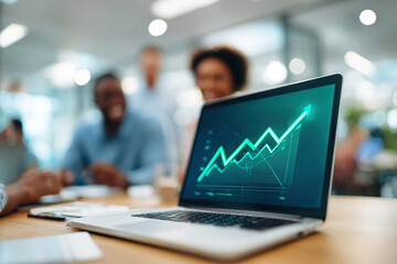 Close-up view of a laptop displaying financial growth data in a modern office environment