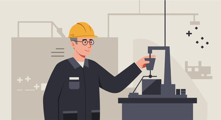 A skilled engineer in a yellow hard hat meticulously operates industrial machinery, ensuring quality control in a modern factory setting, perfect for web banners.