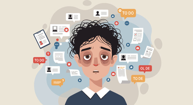 Overwhelmed person with many tasks and notifications, symbolizing stress and information overload in a modern flat design.
