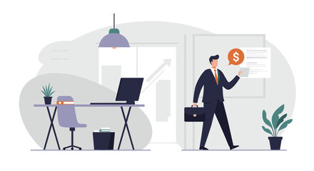 An illustration of a successful businessman leaving a contemporary office space, representing financial achievement and corporate progress with a flat design aesthetic.