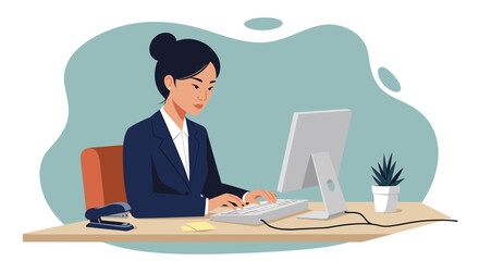 a woman in a business suit working at a desk with a computer, a stapler, and a potted plant. Suitable for landing page, banner, marketing, web design, presentation, infographic, etc.
