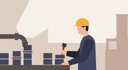 An illustrated factory worker in a flat design style, meticulously inspecting products on an assembly line, representing industry and manufacturing processes within a modern industrial setting.
