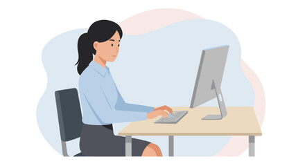 a woman sitting at a desk, working on a computer with a focused expression. Suitable for landing page, banner, marketing, web design, presentation, infographic, etc.