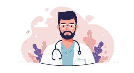 a man with a beard wearing a white coat and glasses, standing against a backdrop of clouds and plants. Suitable for landing page, banner, marketing, web design, presentation, infographic, etc.