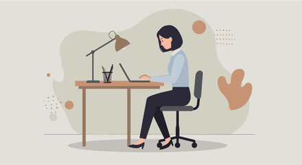 Fototapeta premium a woman sitting at a desk, working on a laptop with a lamp on the desk beside her. Suitable for landing page, banner, marketing, web design, presentation, infographic, etc.