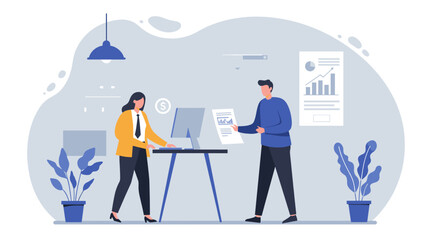 Two business professionals collaborate on a project, reviewing data and discussing strategy in a modern, minimalist office environment, suitable for a landing page.