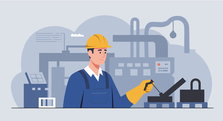 a construction worker wearing a hard hat and safety gear, operating a piece of machinery in a factory setting. Suitable for landing page, banner, marketing, web design, presentation, infographic, etc.