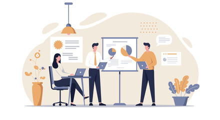 Flat design illustration of a business team giving a presentation with charts and graphs on a landing page banner for marketing and web design.