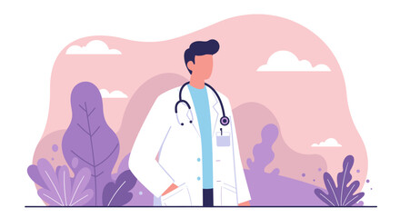 A confident male doctor in a white coat stands against a soft purple backdrop, perfect for a healthcare website landing page or marketing presentation.