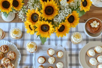 Sunflowers and cupcakes on a checkered table with autumn decor