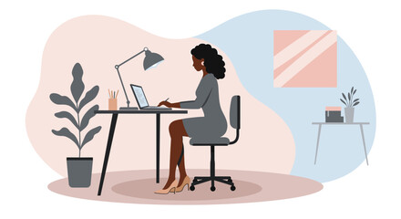 a woman sitting at a desk, working on a laptop, with a lamp, plant, and other office items in the background. Suitable for landing page, banner, marketing, web design, presentation, infographic, etc.