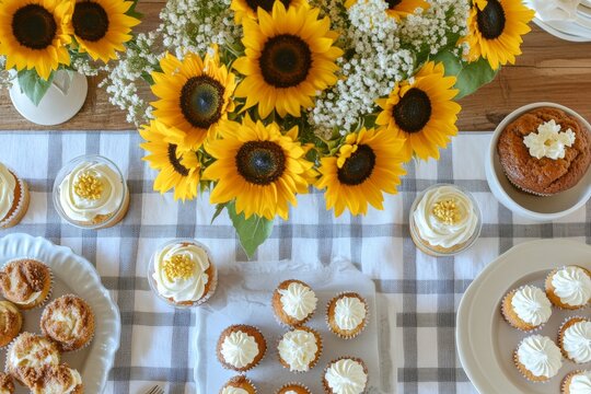 Sunflowers and cupcakes on a checkered table with autumn decor