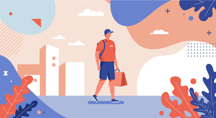 Obraz premium Modern flat design illustration of a delivery person walking with a shopping bag in a stylized urban landscape, perfect for web banners.
