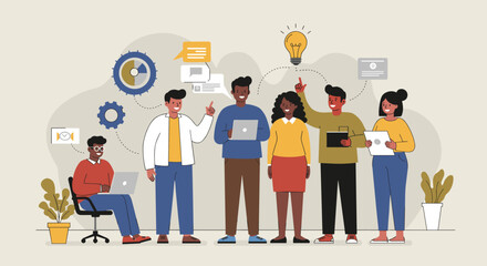 A diverse team of professionals collaborates on a business project, showcasing teamwork and innovative ideas in a modern flat design illustration.