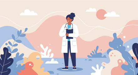 a smiling woman in a white coat standing in a natural landscape with plants and mountains in the background. Suitable for landing page, banner, marketing, web design, presentation, infographic, etc.