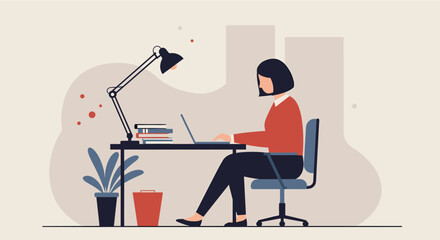 a woman seated at a desk, engrossed in work on a laptop, with a lamp beside her and a plant nearby. Suitable for landing page, banner, marketing, web design, presentation, infographic, etc.