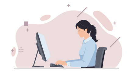 a woman sitting at a desk, focused on using a computer with a keyboard and mouse in front of her. Suitable for landing page, banner, marketing, web design, presentation, infographic, etc.