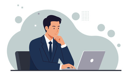 A thoughtful businessman in a flat design illustration works diligently on his laptop, focusing on a web design project or marketing strategy.