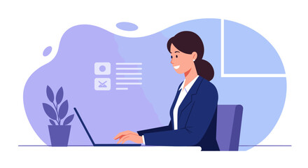 A smiling businesswoman works on a laptop, showcasing modern flat design for a business presentation or marketing landing page.