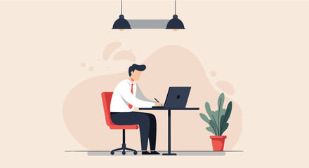 A modern business professional works diligently at his desk, using a laptop and taking notes, in a clean, minimalist office setting, perfect for marketing and web design.