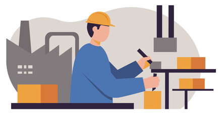 A flat design illustration depicts a factory worker operating machinery to assemble products, ideal for modern business presentations and digital marketing materials.