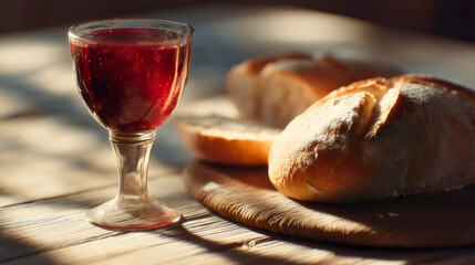 A close-up reveals a golden chalice filled with red wine beside sacred bread and wheat, symbolizing the profound sacrifice and new covenant of Christian Communion.
