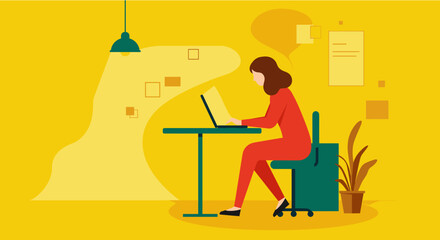 A woman is working on her laptop at her desk in a modern, flat design illustration suitable for a website landing page or marketing banner campaign.