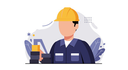 Flat design illustration of a construction worker holding building blocks, perfect for landing pages, banners, presentations, and marketing materials.