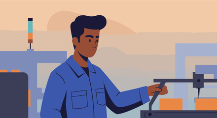 a man in a blue work uniform operating a machine with a control panel in the background. Suitable for landing page, banner, marketing, web design, presentation, infographic, etc.