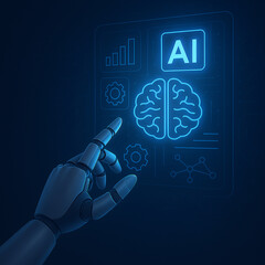 Futuristic AI Interface with Robotic Hand and Holographic Display